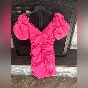 HYFVE Pink Ruched Puffed Sleeves cocktail Mini V-neck zip back Dress Size small